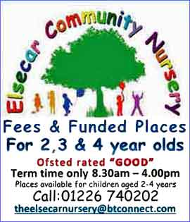 Elsecar Community Nursery ad offering places for children. Call 01226 740202