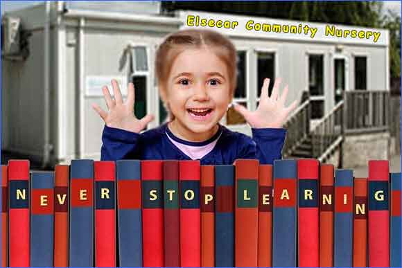 Girl looking over books with words Learning never stops on them